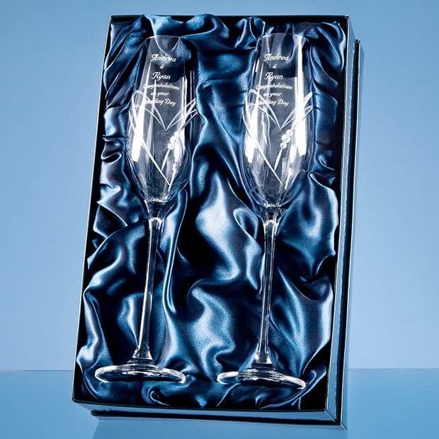 2 Diamante Champagne Flutes Heart Shape Cut & Satin Line Box