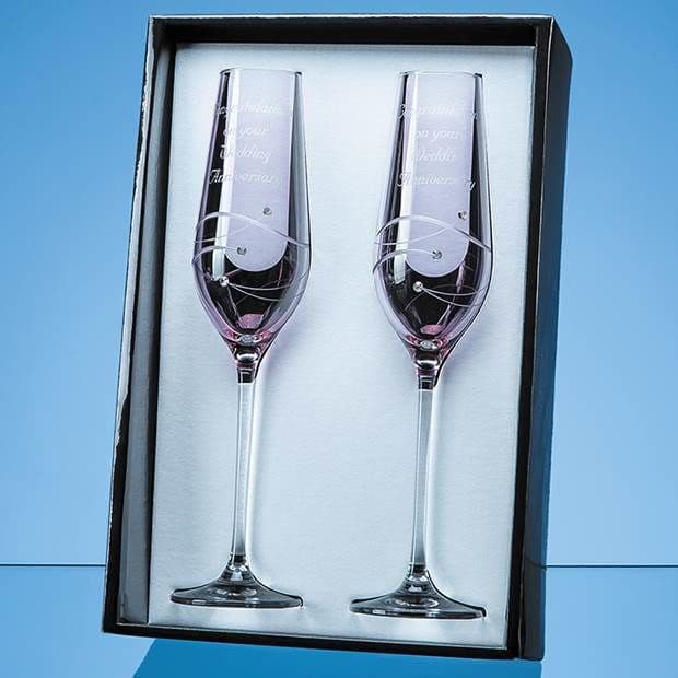 2 Pink Champagne Flutes Spiral Design Cut in Gift Box