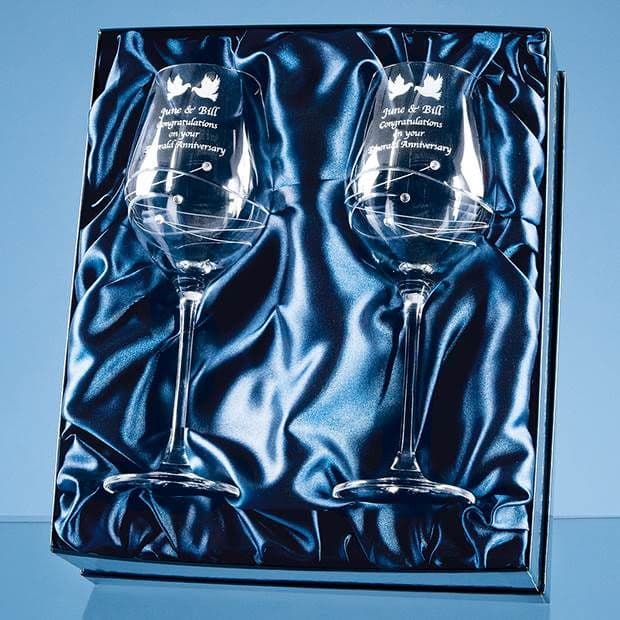 2 Diamante Wine Glasses Spiral Design Cut in Satin Lined Box
