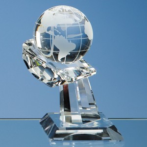 Crystal Galleries 6cm Optical Crystal Globe on Mounted Hand Award