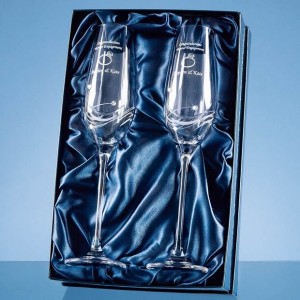 Crystal Galleries 2 Diamante Champagne Flutes Spiral Cut in Satin Lined Box