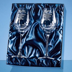 Crystal Galleries 2 Diamante Wine Glasses Spiral Cut in Satin Lined Box