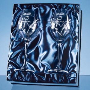 Crystal Galleries 2 Diamante Wine Glasses Heart Shape Cut in Satin Lined Box