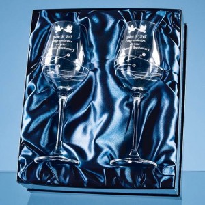 Crystal Galleries 2 Diamante Wine Glasses Spiral Design Cut in Satin Lined Box