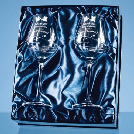 Crystal Galleries 2 Diamante Wine Glasses Spiral Design Cut in Satin Lined Box