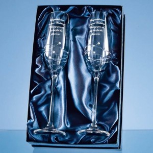 Crystal Galleries 2 Diamante Champagne Flutes Spiral Design Cut in Lined Box