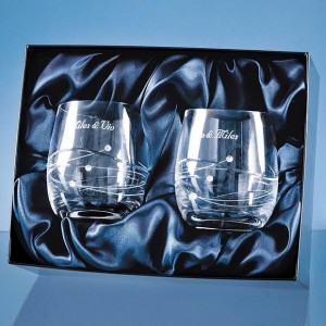 Crystal Galleries 2 Diamante Whisky Tumblers Spiral Cut in Satin Lined Box