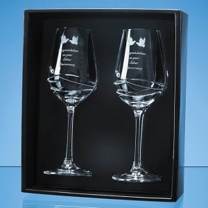 Crystal Galleries 2 Diamante Wine Glasses Modena Spiral Cut in Gift Box