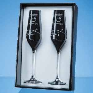 Crystal Galleries 2 Onyx Black Champagne Flutes Spiral Design in Gift Box