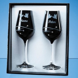Crystal Galleries 2 Onyx Black Wine Glasses Spiral Design Cut in Gift Box