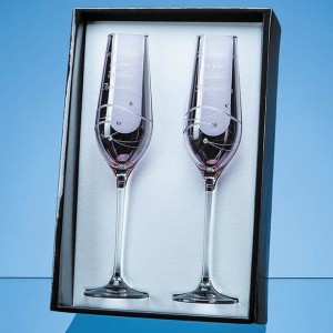 Crystal Galleries 2 Pink Champagne Flutes Spiral Design Cut in Gift Box