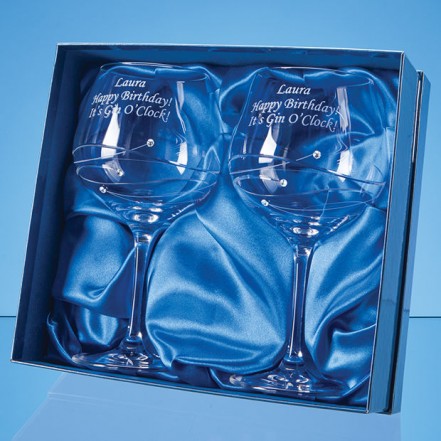 2 Diamante Gin Glasses Spiral Design Cut in Satin Gift Box